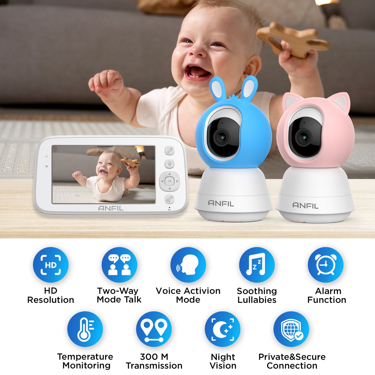ANFIL Baby Video Monitor with Camera – 5" Screen, Night Vision, Two-Way Audio, Temperature Sensor, VOX Mode, Baby Monitoring Camera without WiFi, Wireless Indoor Camera, Baby Monitor