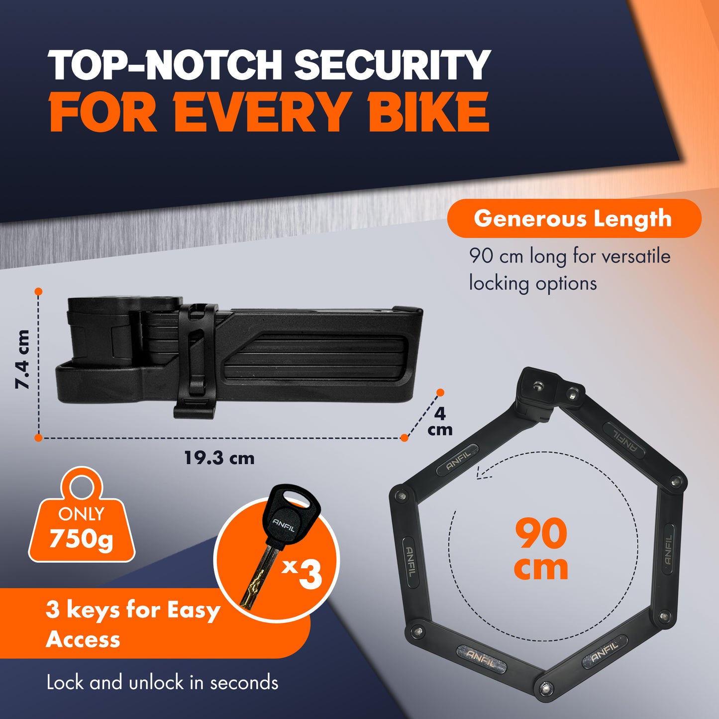 ANFIL® Folding Bike Lock with 3 Keys, High-Security Bike Lock Including Mount - Sturdy Folding Bike Lock Made of Carbon Steel