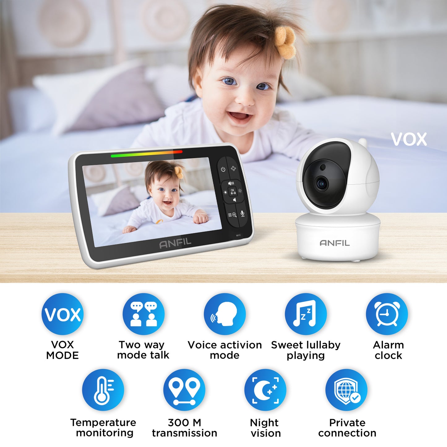 ANFIL Baby Monitor: Two-Way Audio, Night Vision – Secure Infant Monitoring System with VOX Mode