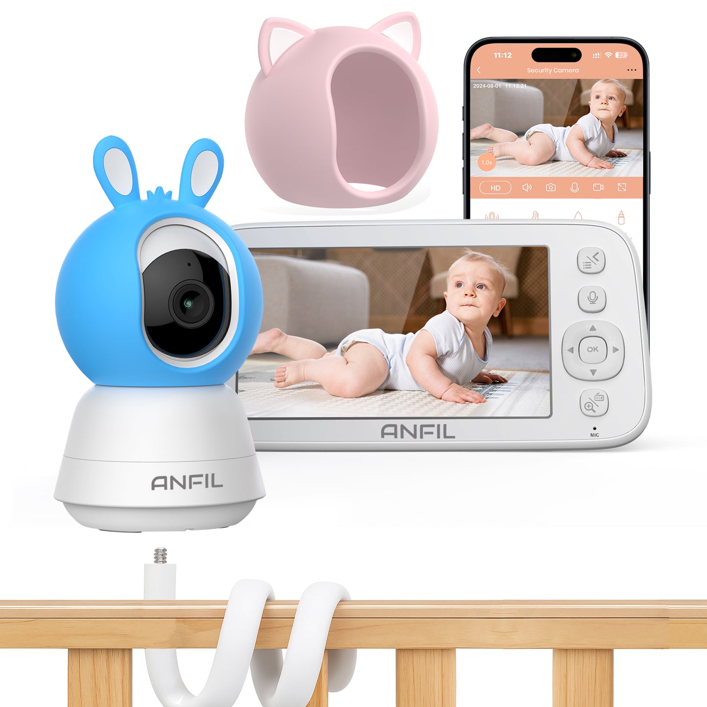 ANFIL Baby Video Monitor with Camera – 5" Screen, Night Vision, Two-Way Audio, Temperature Sensor, VOX Mode, Baby Monitoring Camera without WiFi, Wireless Indoor Camera, Baby Monitor