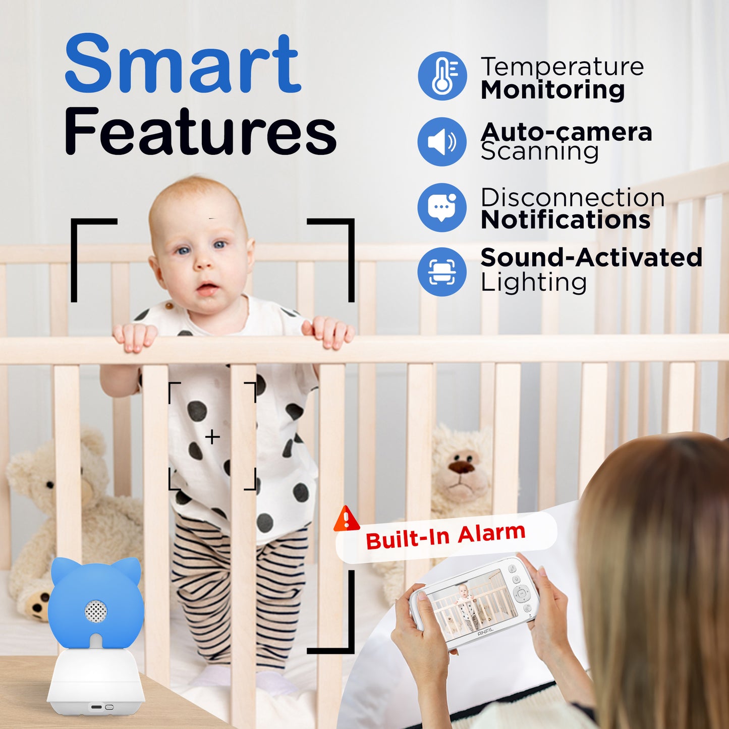 ANFIL Baby Video Monitor with Camera – 5" Screen, Night Vision, Two-Way Audio, Temperature Sensor, VOX Mode, Baby Monitoring Camera without WiFi, Wireless Indoor Camera, Baby Monitor