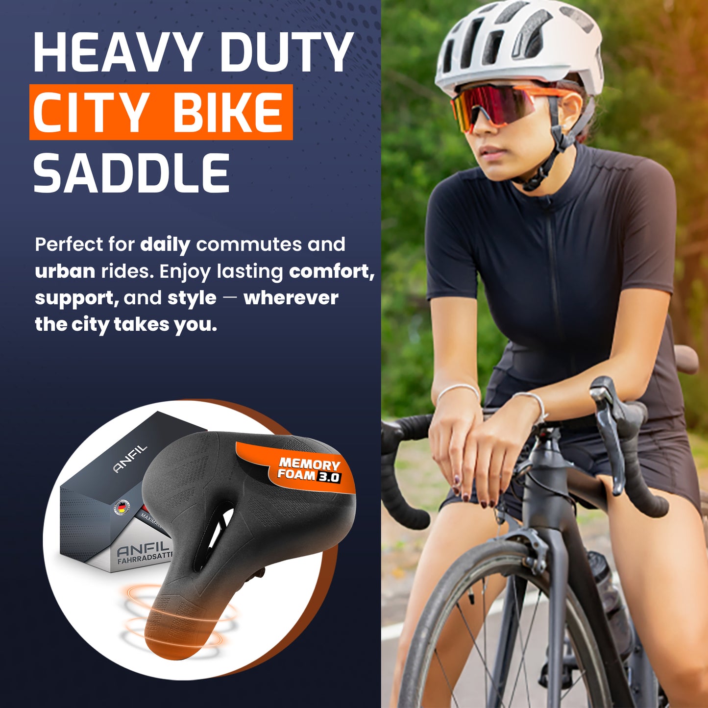 ANFIL Padded Bicycle Seat – Ergonomic Gel Saddle for Men and Women – Comfortable, Soft, Shock-Absorbing & Breathable – For MTB, Road, City & Exercise Bikes – Waterproof Memory Foam Design